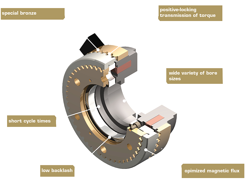 Rappresentazione 3D dettagliata della frizione dentata elettromagnetica tipo 560 che illustra struttura e funzionamento.