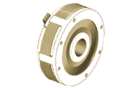 Detailansicht einer elektromagnetisch betätigten Lamellenbremse mit mehreren Lamellen und robustem Gehäuse.