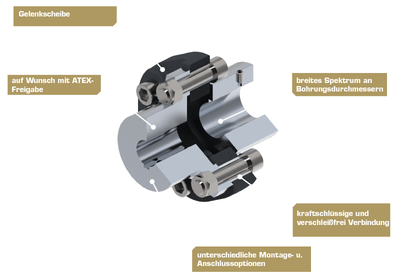 3D-weergave van een torsioneel elastische koppeling type 313 met zichtbare elastische onderdelen.