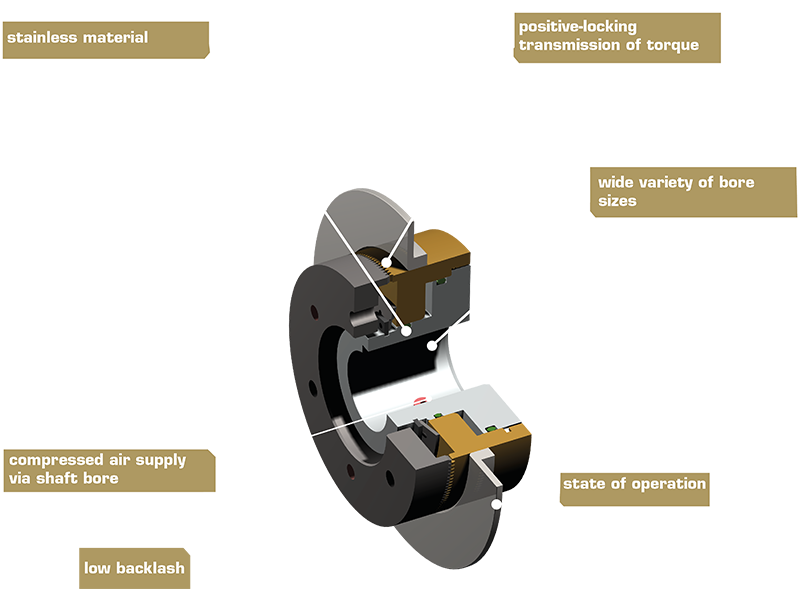 3D doorsnede van een pneumatische tandkoppeling type 677 met zichtbare vertanding, zuiger en behuizingsonderdelen