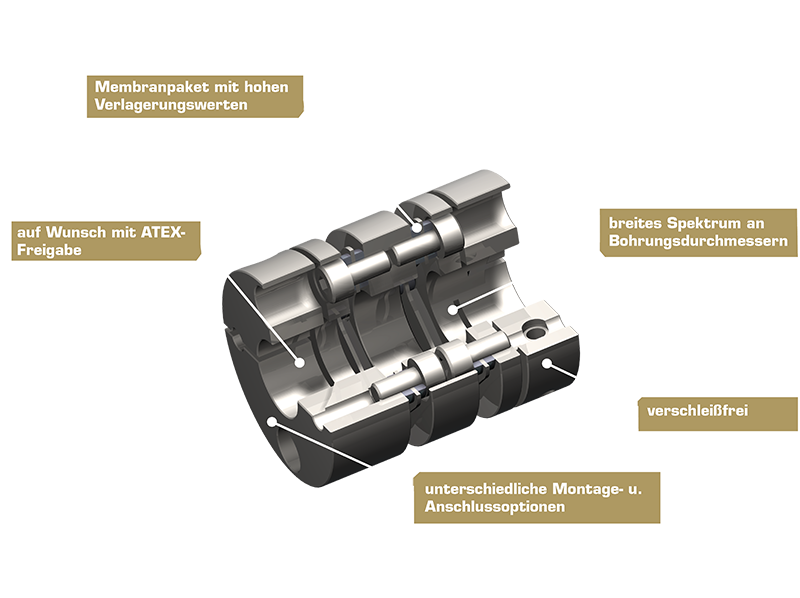 3D-Rendering mit Teilquerschnitt der ServoFlex Wellenkupplung Typ 328, zeigt die flexible Streifenfederstruktur für spielfreie Drehmomentübertragung.