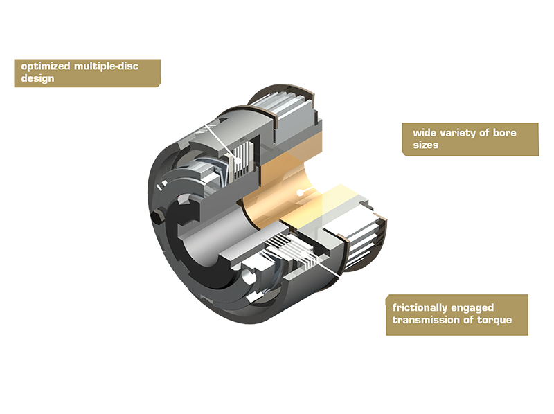 Compact 3D-model van slipkoppeling type 581 met deeldoorsnede en zichtbaar lamellenpakket.