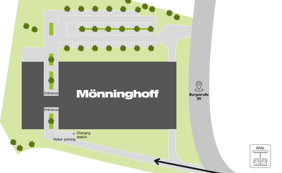 Plan d'accès au site de Mönninghoff indiquant l'entrée et les places de stationnement.