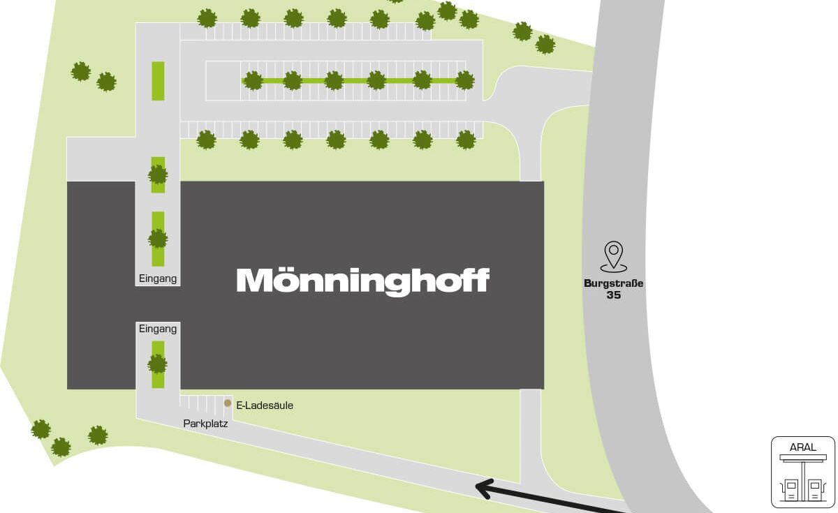 Besucherplan des Mönninghoff‑Standorts mit markiertem Eingang und Parkplätzen.