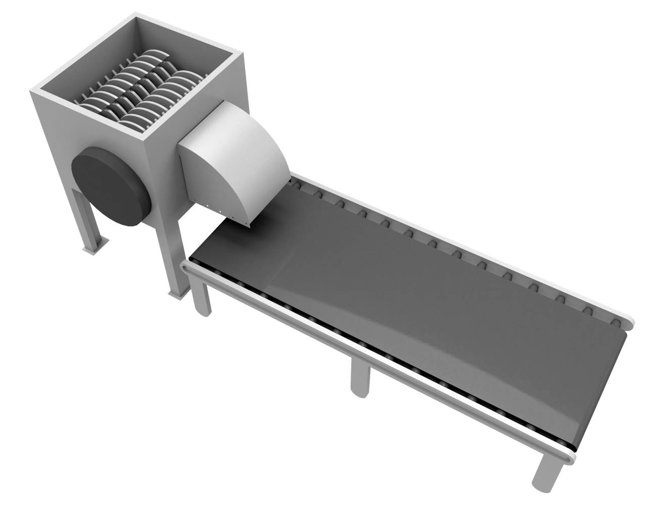 Industriële versnipperaar met transportband en koppeling voor gesynchroniseerde materiaalverwerking