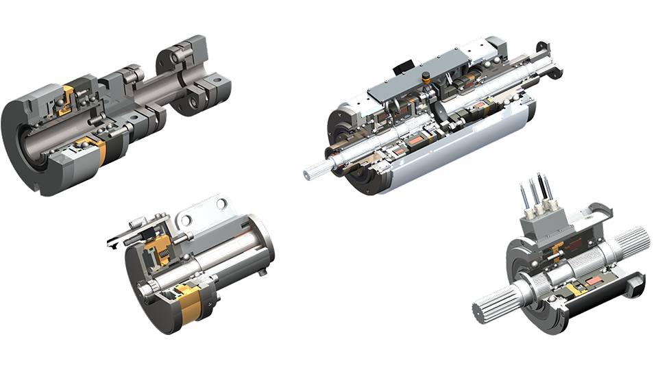 3D half-section rendering of multiple products revealing internal components and structures.
