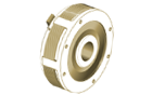 Detailansicht einer elektromagnetisch betätigten Lamellenbremse mit mehreren Lamellen und robustem Gehäuse.