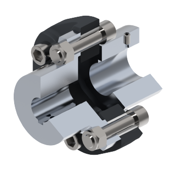 3D-weergave van een torsioneel elastische koppeling type 313 die elastische koppeloverdracht en onderdelen toont.