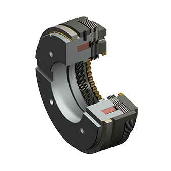 3D cross-sectional rendering of an electromagnetic multi-plate clutch type 502 showing clutch plates, magnetic coil, and housing