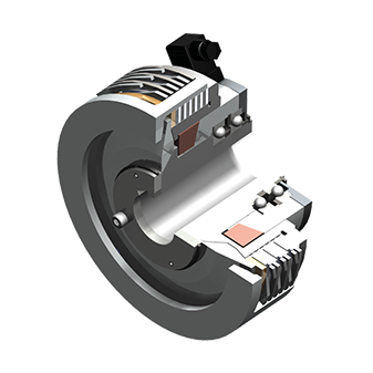 3D rendering of an electromagnetic multi-disc clutch type 521, shown centrally with realistic design.