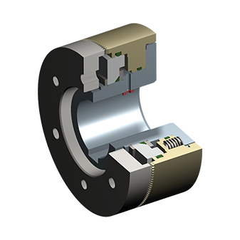 3D-doorsnede van pneumatische tandkoppeling type 577 met zichtbare interne vertanding, zuigermechanisme en behuizing