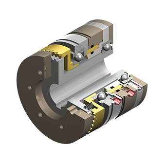 3D doorsnede van pneumatische tandkoppeling type 675 met zichtbare vertanding, zuigermechanisme en behuizingsstructuur