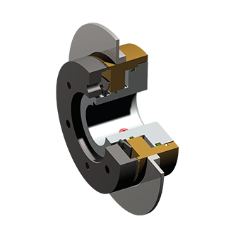 3D doorsnede van een pneumatische tandkoppeling type 677 met zichtbare vertanding, zuigermechanisme en behuizingsstructuur